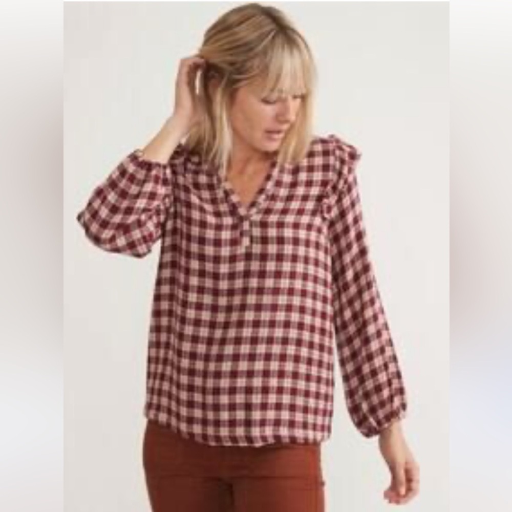 Marine Layer Burgundy and Cream Plaid V-Neck Blouse